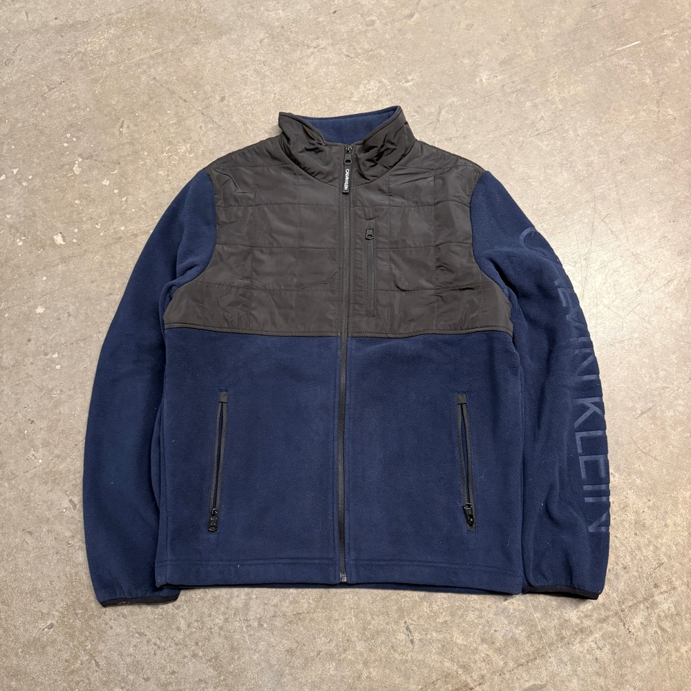 Calvin Klein Mens Fleece Jacket Navy Black Quilted Yoke Full‎ Zip Small